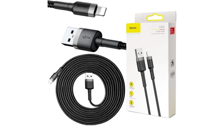 KABEL USB-A - Lightning / iPhone Baseus Cafule CALKLF-RG1 300cm Apple 2A CZARNO-SZARY W OPLOCIE