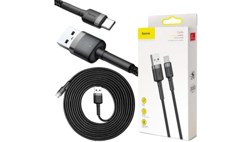 KABEL USB-A - USB-C Baseus Cafule CATKLF-UG1 300cm 3A QC 3.0 CZARNO-SZARY W NYLONOWYM OPLOCIE