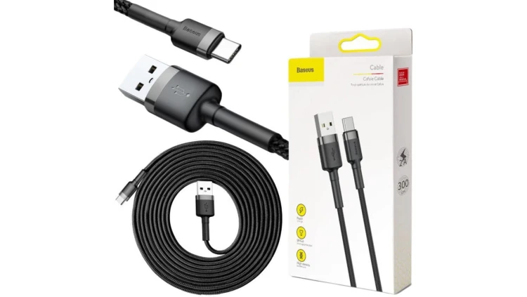 KABEL USB-A - USB-C Baseus Cafule CATKLF-UG1 300cm 3A QC 3.0 CZARNO-SZARY W NYLONOWYM OPLOCIE