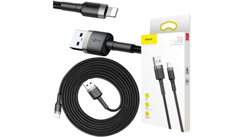 KABEL USB-A - Lightning / iPhone Baseus Cafule CALKLF-CG1 200cm Apple 1.5A CZARNO-SZARY W OPLOCIE