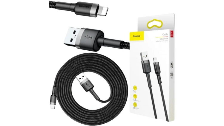 KABEL USB-A - Lightning / iPhone Baseus Cafule CALKLF-CG1 200cm Apple 1.5A CZARNO-SZARY W OPLOCIE