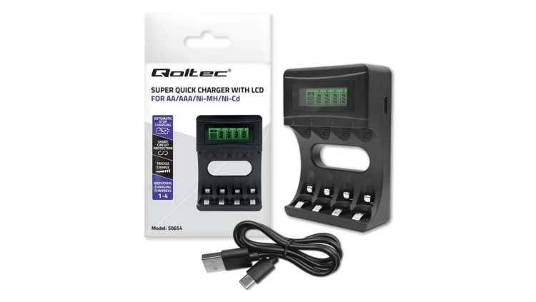 Qoltec Ładowarka do akumulatorków Ni-MH typu R03 AAA R6 AA LCD Kabel USB