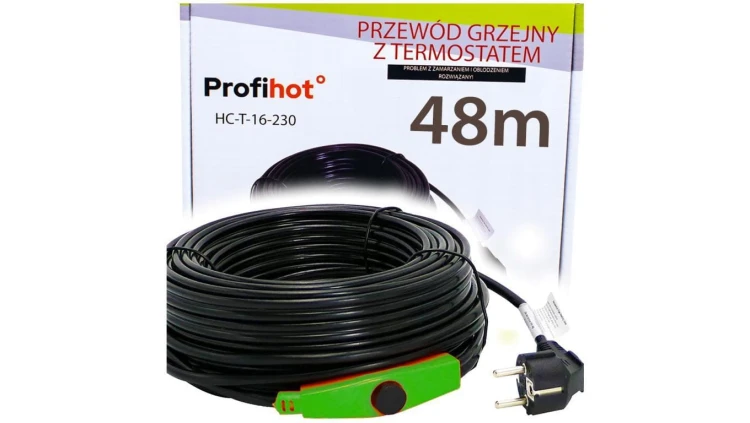 KABEL GRZEWCZY PRZEWÓD GRZEJNY Z TERMOSTATEM do rynny rur 230V 768W 48M