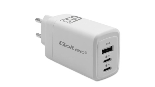 Qoltec Ładowarka sieciowa 65W GaN 5-20V 3-3.35A 2 x USB-C PD 1 x USB QC 3.0 Biała