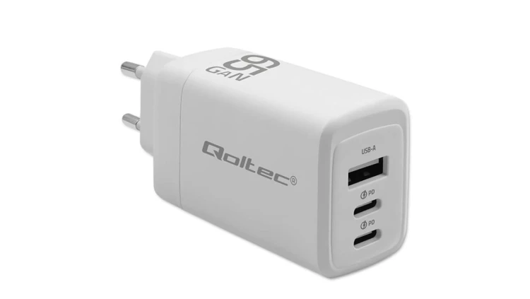 Qoltec Ładowarka sieciowa 65W GaN 5-20V 3-3.35A 2 x USB-C PD 1 x USB QC 3.0 Biała