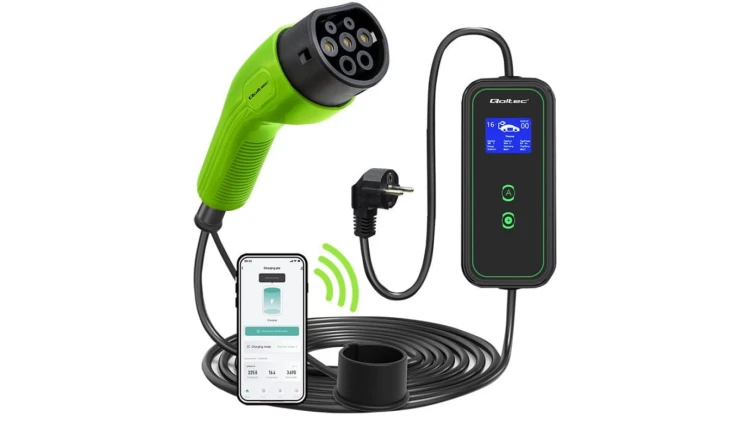 Qoltec Mobilna ładowarka do samochodu elektrycznego EV z regulacją 2w1 Typ2 3.5kW 230V Wi-fi LCD Przenośna Wallbox 5m