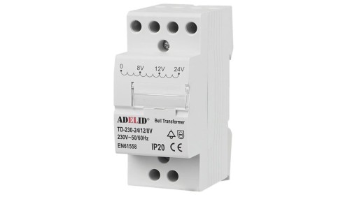 TRANSFORMATOR DZWONKOWY MODUŁOWY NA DZWONEK NA SZYNĘ TD8 230V 8V 12V 24V TD-230-24/12/8V