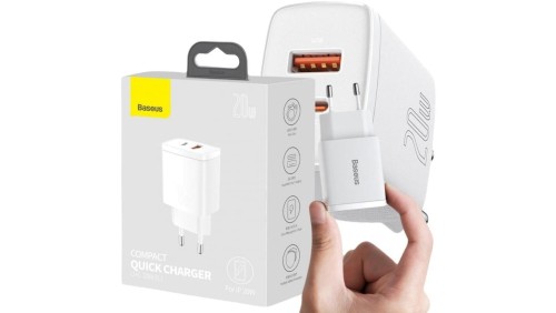 ŁADOWARKA SIECIOWA Baseus Compact Quick Charger CCXJ-B02 20W 1x USB-A 1x USB-C PD 3.0 QC 3.0 BIAŁA