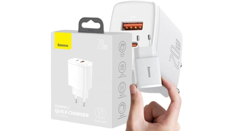 ŁADOWARKA SIECIOWA Baseus Compact Quick Charger CCXJ-B02 20W 1x USB-A 1x USB-C PD 3.0 QC 3.0 BIAŁA