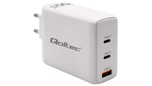 Qoltec Ładowarka sieciowa 100W GaN 5-20V 1.5-5A 2 x USB-C PD 1 x USB QC 3.0 Biała
