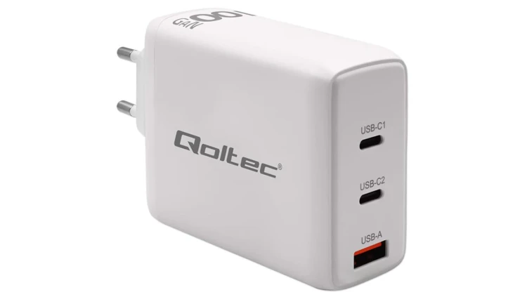 Qoltec Ładowarka sieciowa 100W GaN 5-20V 1.5-5A 2 x USB-C PD 1 x USB QC 3.0 Biała