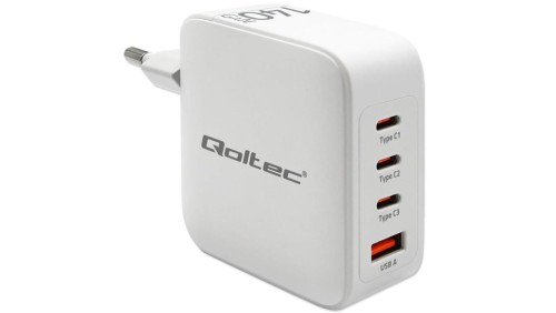 Qoltec Ładowarka sieciowa 140W GaN 5-20V 2.5-5A 3 x USB-C PD 1 x USB QC 3.0 Biała