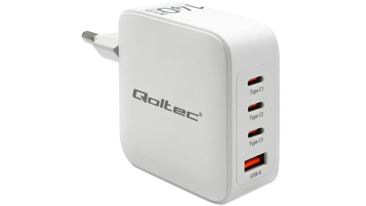 Qoltec Ładowarka sieciowa 140W GaN 5-20V 2.5-5A 3 x USB-C PD 1 x USB QC 3.0 Biała