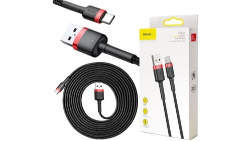 KABEL USB-A -igt/br USB-C Baseus Cafule CATKLF-U91 300cm 2A QC 3.0 CZARNO-CZERWONY W OPLOCIE