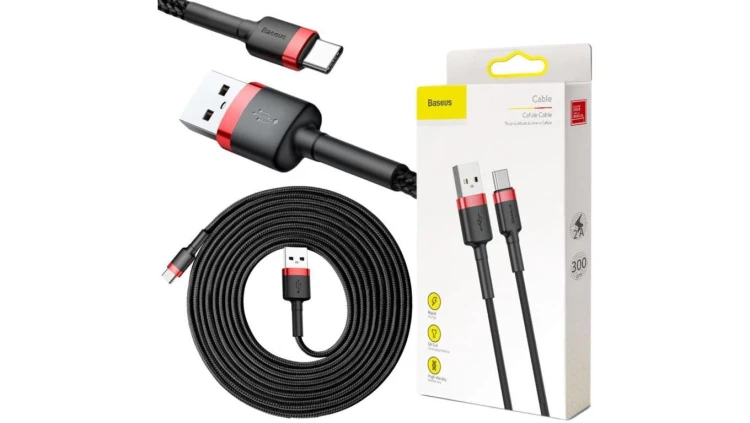KABEL USB-A -igt/br USB-C Baseus Cafule CATKLF-U91 300cm 2A QC 3.0 CZARNO-CZERWONY W OPLOCIE