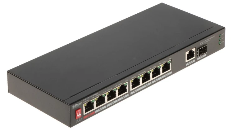 Switch przemysłowy 8-portowy PoE 10/100Mbps, 1-port UPLINK 10/100/1000Mbps, 1-port SFP, (PoE), (PoE+), Hi-PoE, 96W, 53VDC