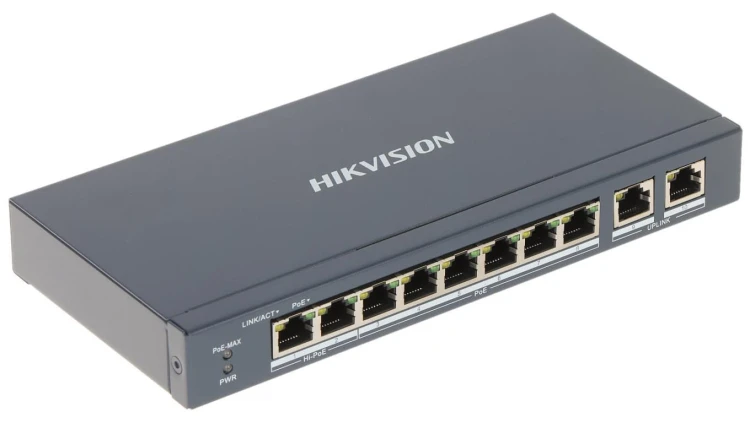 Switch PoE Hikvision,8-porty 100M PoE, 2xUpLink 1000M, 2 porty HPoE, 802.3af/at/bt, power budget 110W, 54VDC