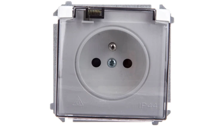 Simon Basic Gniazdo bryzgoszczelne z/u IP44 z przesłoną torów i klapką dymną białe BMGZ1Bz.01/11a