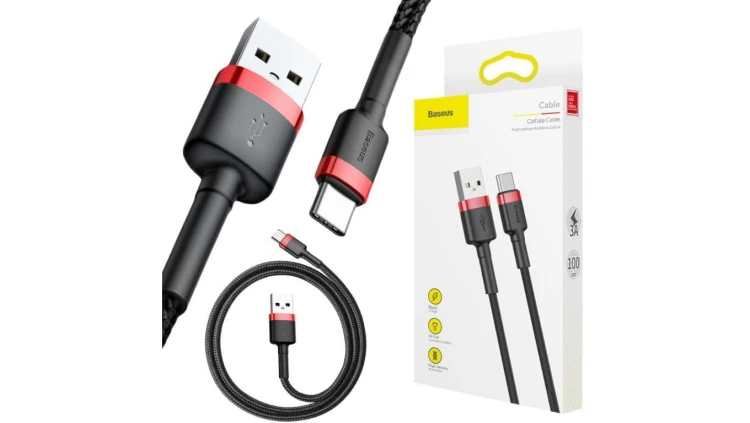 KABEL USB-A -USB-C Baseus Cafule CATKLF-B91 100cm 3A QC 3.0 CZARNO-CZERWONY W OPLOCIE