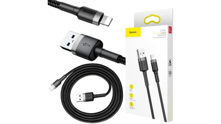 KABEL USB-A - Lightning / iPhone Baseus Cafule CALKLF-BG1 100cm Apple 2.4A CZARNO-SZARY W OPLOCIE