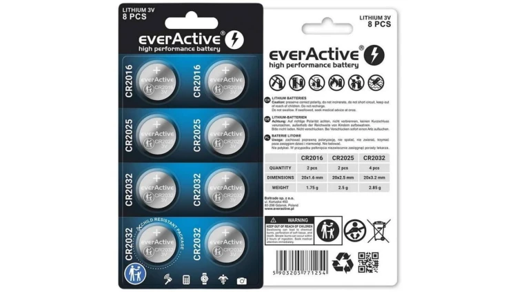 Zestaw 8 baterii 3,0V 4x CR2032 2x CR2025 2x CR2016 everActive