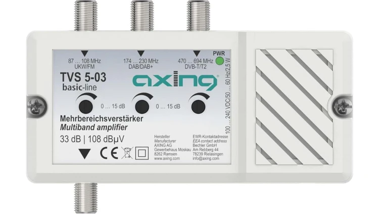 Wzmacniacz wielozakresowy AXING 3 wejścia: FM, DAB/DAB+, DVB-T/T2 33 dB / 108 dBµV TVS 5-03