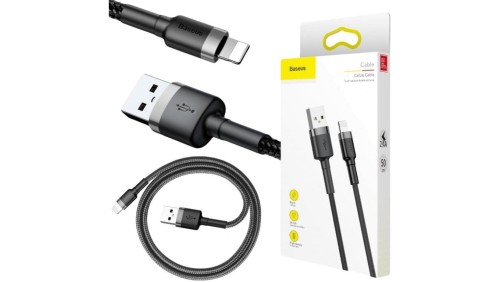 KABEL USB-A - Lightning / iPhone Baseus Cafule CALKLF-AG1 50cm Apple 2.4A CZARNO-SZARY W OPLOCIE