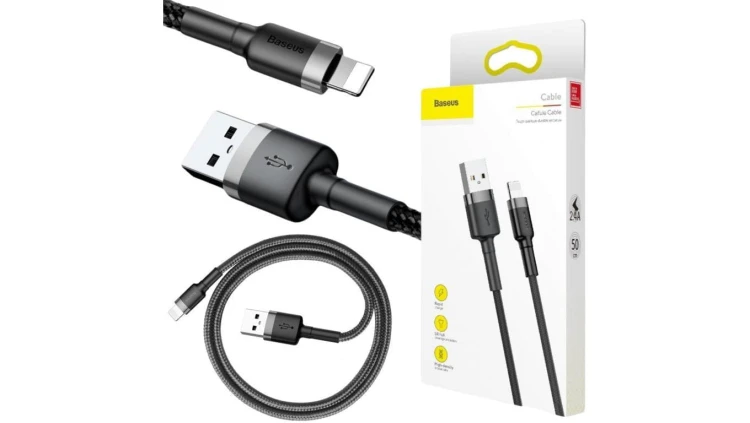 KABEL USB-A - Lightning / iPhone Baseus Cafule CALKLF-AG1 50cm Apple 2.4A CZARNO-SZARY W OPLOCIE