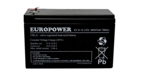 EUROPOWER Akumulator 12V EV 9Ah żywotność: 6-9 lat (o zwiększonej pojemności) terminal T1