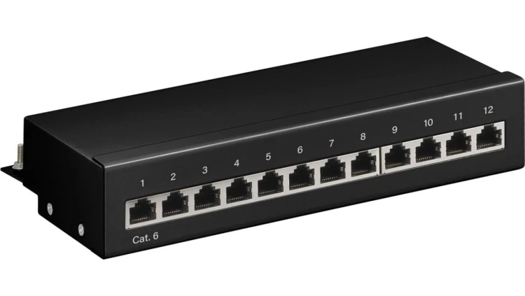 CAT 6 panel krosowy mini/biurkowy, 12 portów - Wersja kolorystyczna Czarny