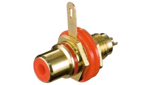 Gniazdo cinch do montażu w obudowie z izolacją i przyłączem lutowanym - Wersja kolorystyczna Czerwony