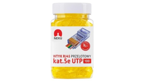 Wtyk modularny RJ45 8P8C kat.5e nieekranowany UTP uniwersalny drut linka przelotowy żółty NEKU opakowanie SŁOIK 100szt.
