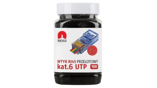 Wtyk modularny RJ45 8P8C kat.6 nieekranowany UTP uniwersalny drut linka przelotowy czarny NEKU opakowanie SŁOIK 100szt.