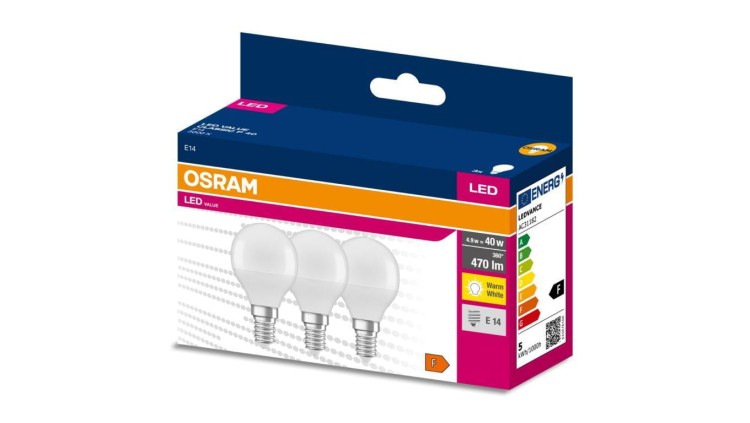 3PAK Żarówka LED E14 P45 4,9W = 40W 470lm 3000K Ciepła 200 OSRAM VALUE