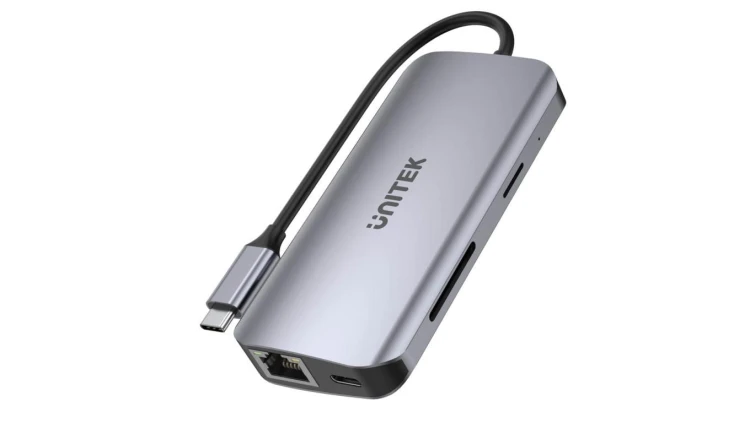 Unitek Aktywny hub USB-C 5Gbps, 2x HDMI 4K, czytnik kart, RJ-45, PD 100W