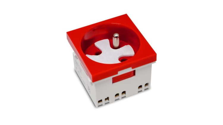 Gniazdo modułowe 230V z uziemieniem 1-krotne std 45x45, z blokadą i zwalniaczem, czerwone E/GMBZ