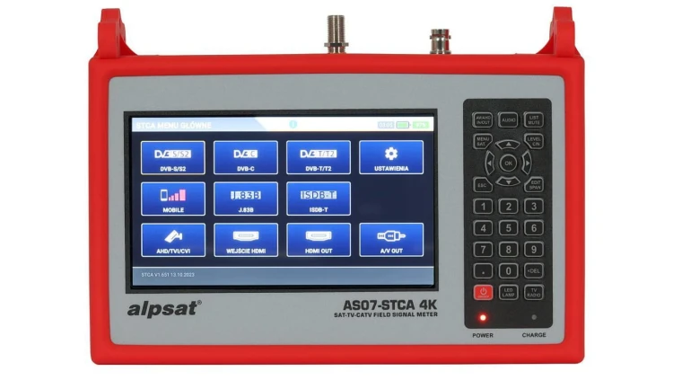 Miernik sygnału DVB-T/T2(HEVC 10 bit)/C/J.83B/ISDB-T oraz DVB-S/S2 AS07STCA-4K z analizatorem widma i certyfikatem kalibracji