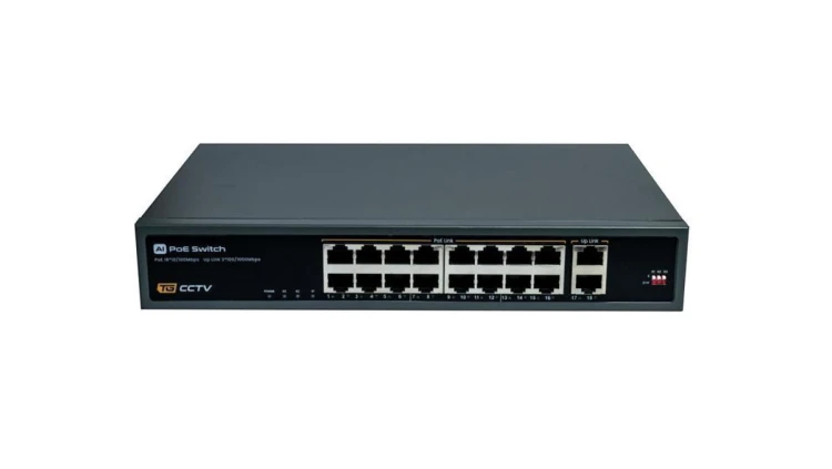 Switch 16x PoE 10/100 Mbps 802.3af/at + 2x Uplink 100/1000 Mbps, 250W, tryb Extend (250m)