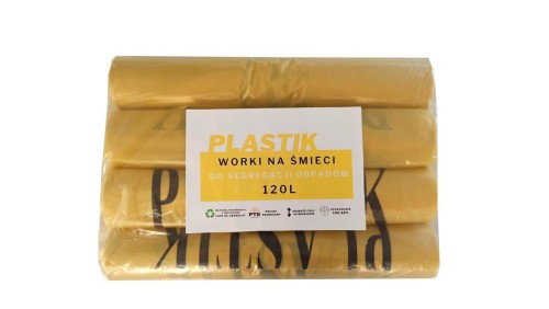 Worki na śmieci żółte 120l do segregacji odpadów nadruk Tworzywa Sztuczne op. 100szt.