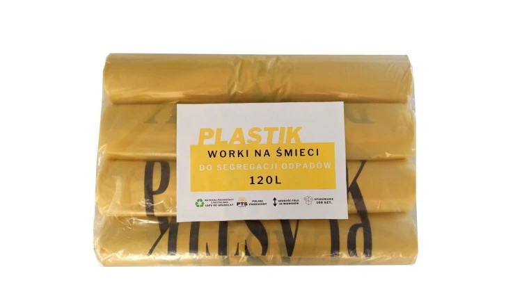 Worki na śmieci żółte 120l do segregacji odpadów nadruk Tworzywa Sztuczne op. 100szt.