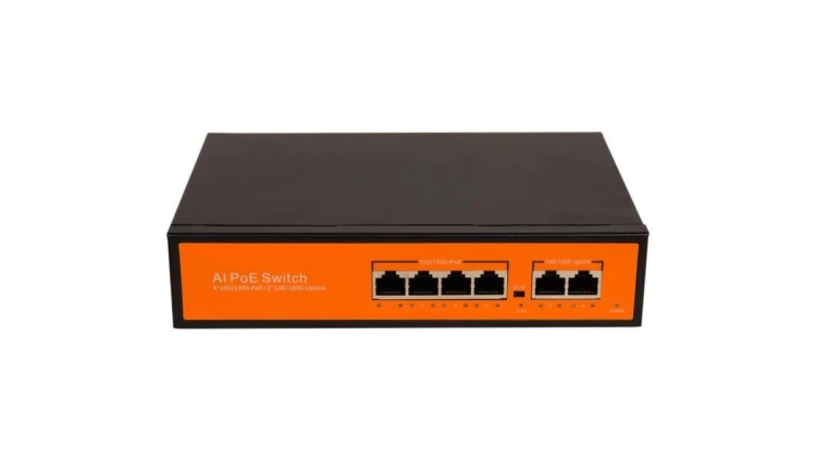 Switch 4x PoE 100/1000 Mbps 802.3af/at + 2x Uplink 100/1000 Mbps, 65W