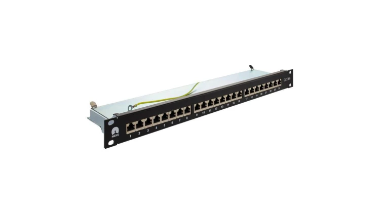 Patch panel RACK 19 kat.6A 24p FTP z półką 1U czarny NEKU