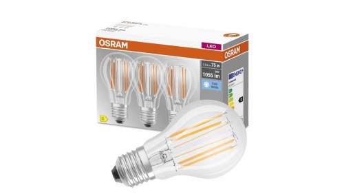 3PAK Żarówka LED E27 A60 CL 7,5W = 75W 1055lm 4000K Neutralna 300 Filament OSRAM BASE