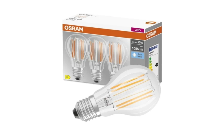 3PAK Żarówka LED E27 A60 CL 7,5W = 75W 1055lm 4000K Neutralna 300 Filament OSRAM BASE