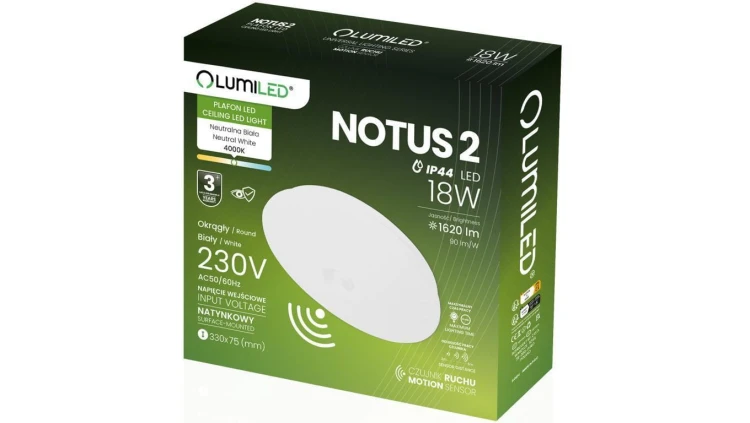 Plafon LED Lampa Sufitowa Natynkowa 18W NOTUS 2 Okrągły Czujnik Ruchu IP44 33 cm LUMILED