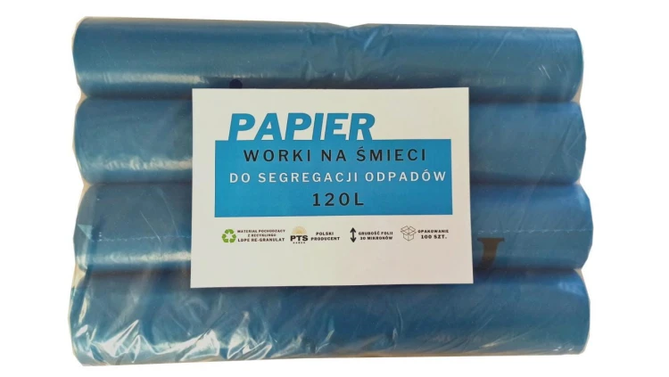 Worki na śmieci niebieskie 120l do segregacji odpadów nadruk Papier op. 100szt.