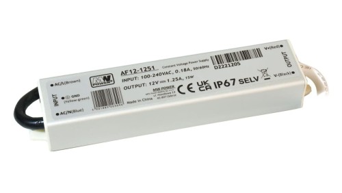Zasilacz LED 15W 12V 1.25A metalowa obudowa IP67 - AF12-1251 MW POWER