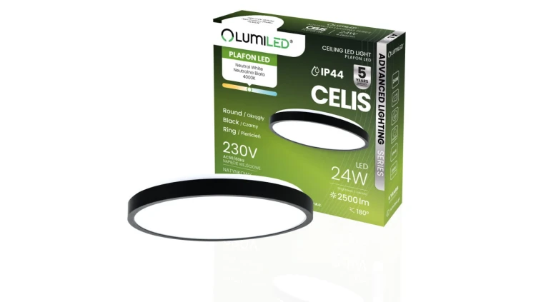 Plafon LED Lampa Sufitowa Natynkowa 24W 4000K 2500lm 104lm/W CELIS Okrągły IP44 Czarny Ring ALS LUMILED