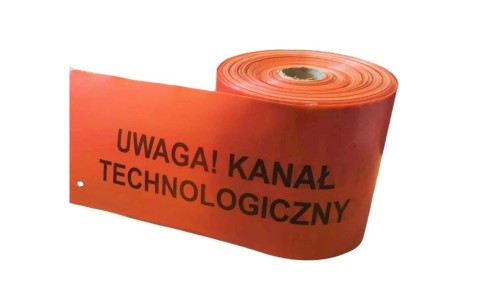 Taśma pomarańczowa, 20cm/0,3mm z perf. otworami. nadruk UWAGA KANAŁ TECHNOLOGICZNY 100m TO-TPn/30/20