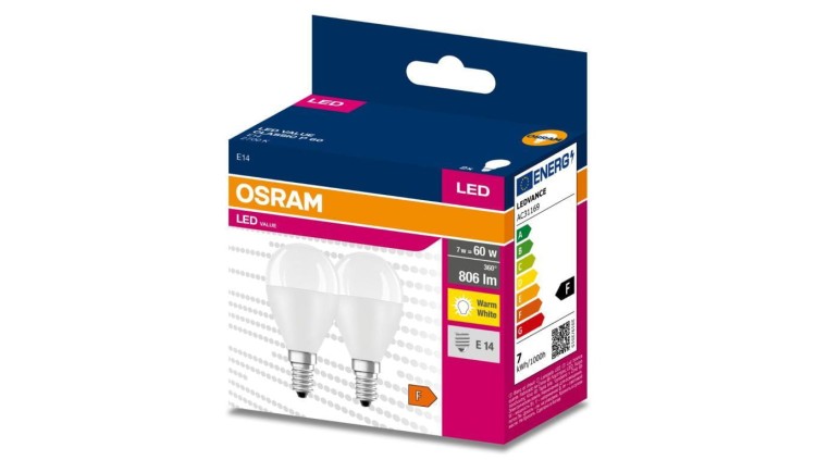 2PAK Żarówka LED E14 P45 7W = 60W 806lm 2700K Ciepła 200 OSRAM VALUE